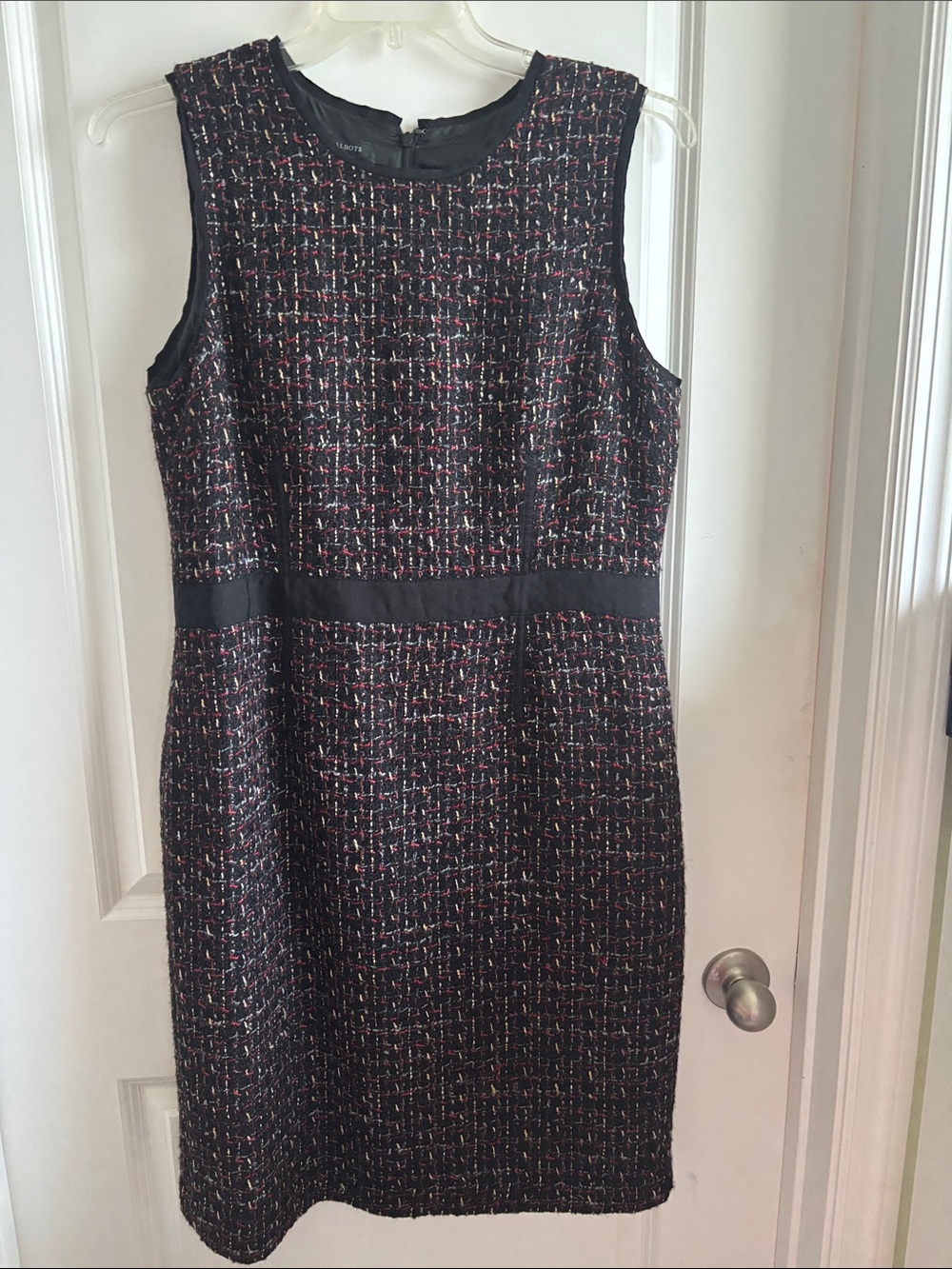 Talbots Black Tweed Midi Dress with Red and White Thread Accents